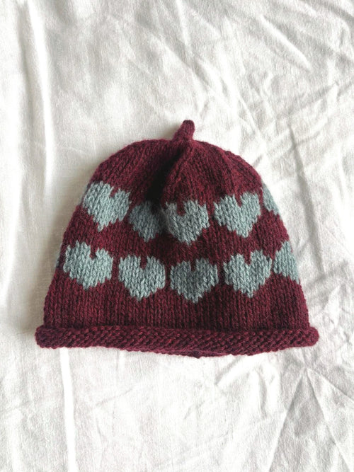 Älskling in burgundy and duck-egg blue, hand-knitted cashmere baby hat