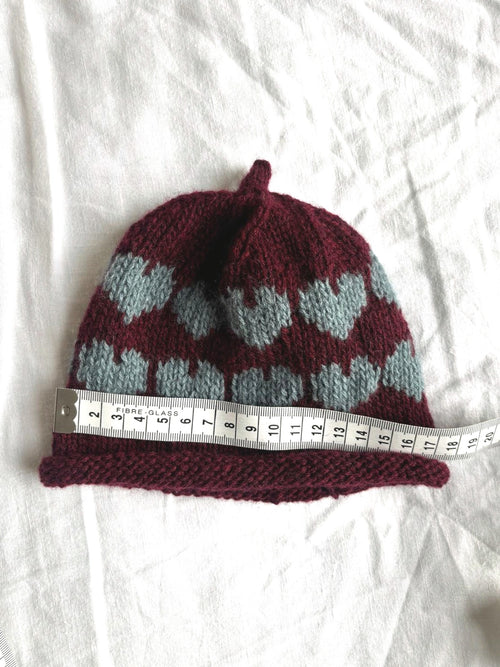 Älskling in burgundy and duck-egg blue, hand-knitted cashmere baby hat